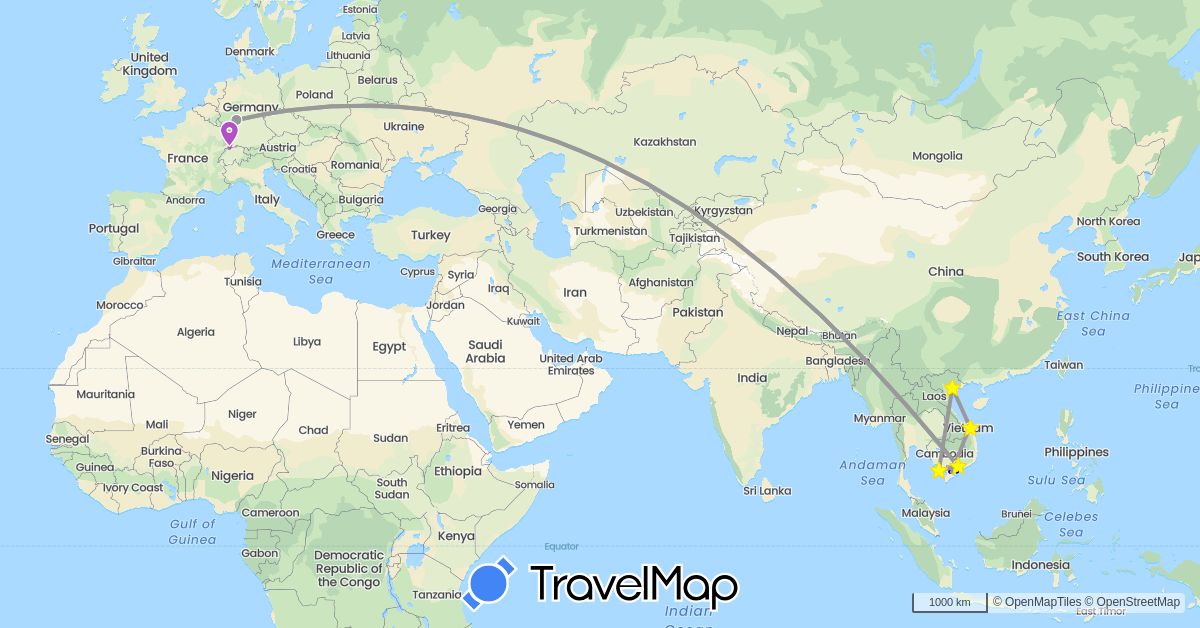 TravelMap itinerary: driving, plane, train in Switzerland, Germany, Vietnam (Asia, Europe)